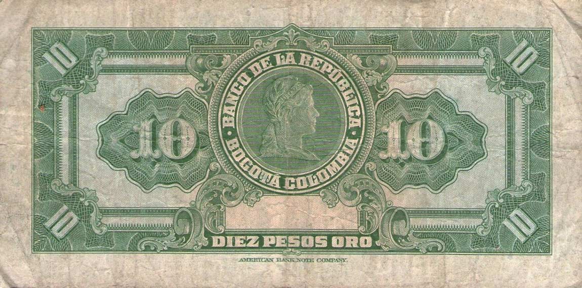 Back of Colombia p389e: 10 Pesos Oro from 1950