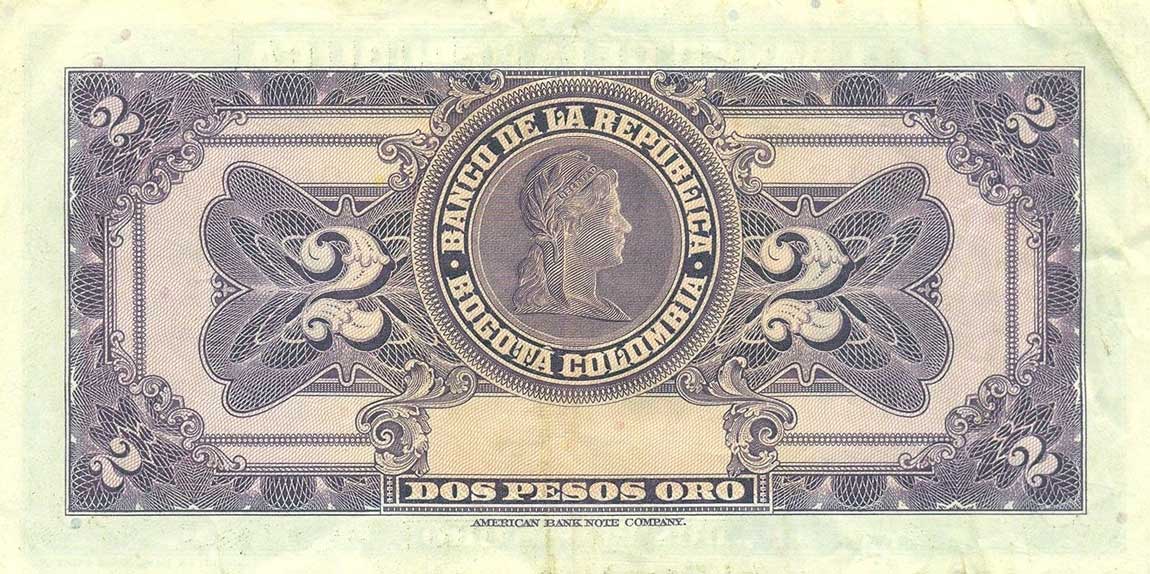 Back of Colombia p390c: 2 Pesos from 1950