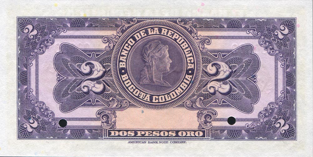 Back of Colombia p390s: 2 Pesos from 1944