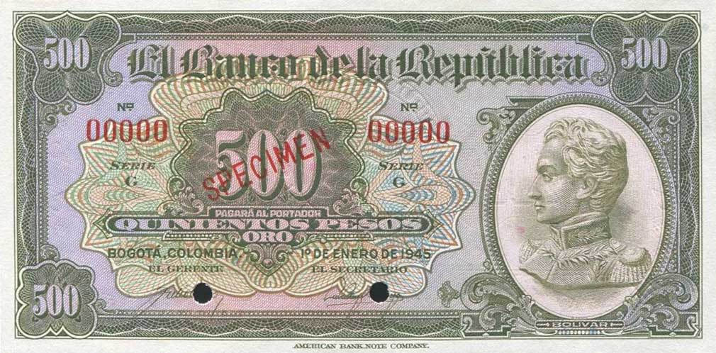 Front of Colombia p391s2: 500 Pesos from 1944
