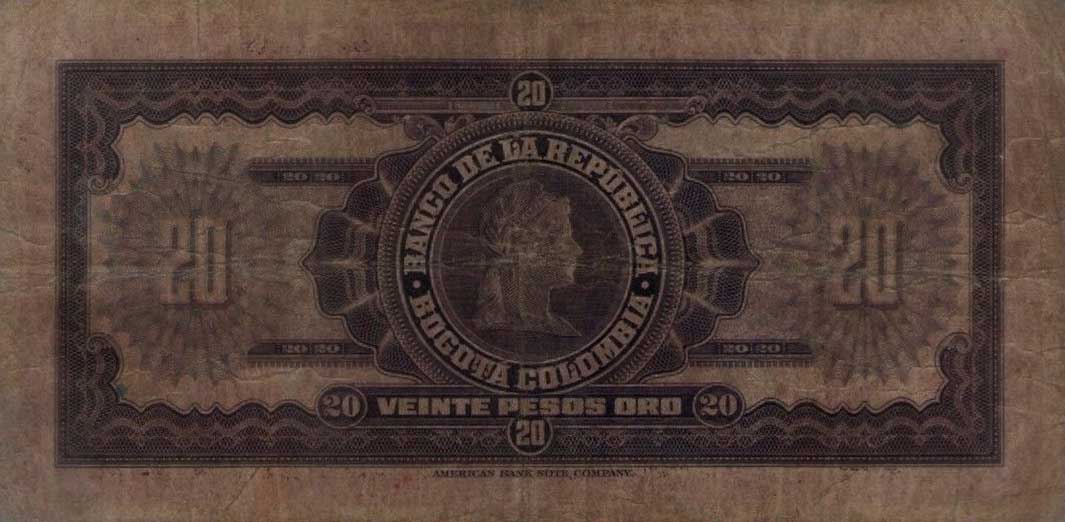 Back of Colombia p392a: 20 Pesos Oro from 1943