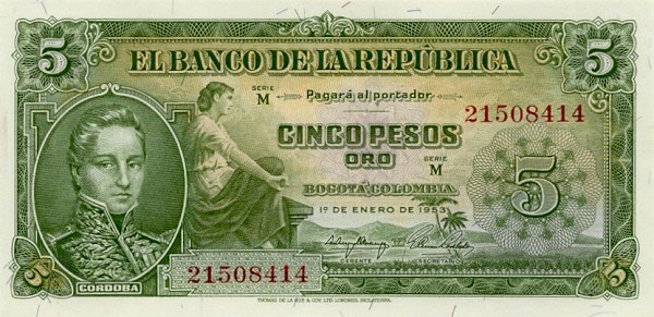 Front of Colombia p399a: 5 Pesos Oro from 1953