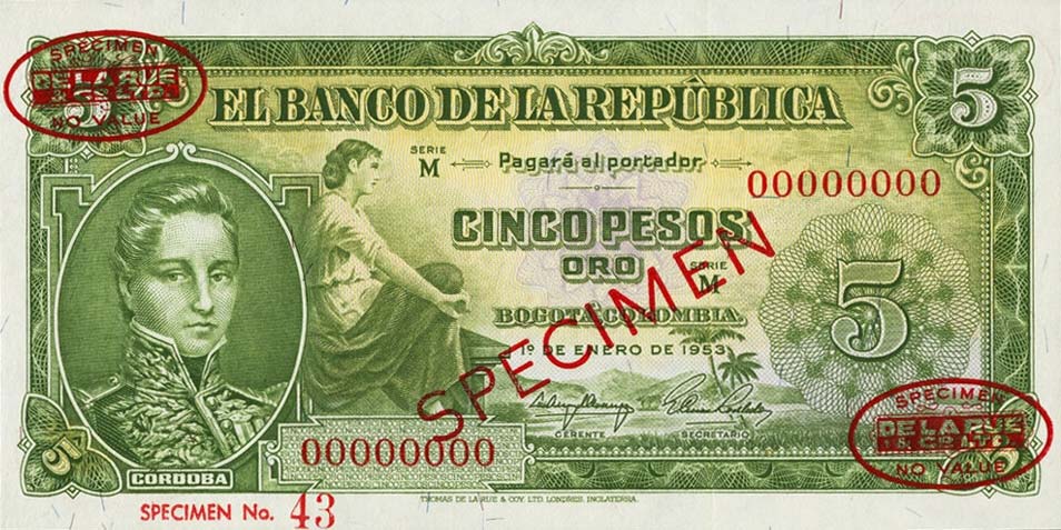 Front of Colombia p399s: 5 Pesos Oro from 1953