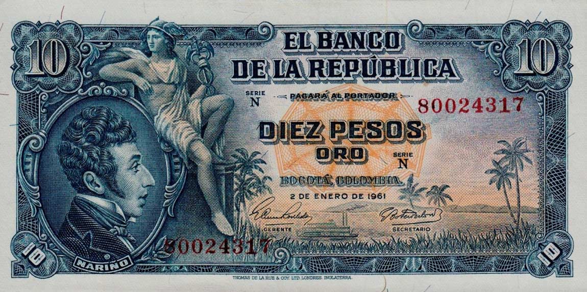 Front of Colombia p400c: 10 Pesos Oro from 1961