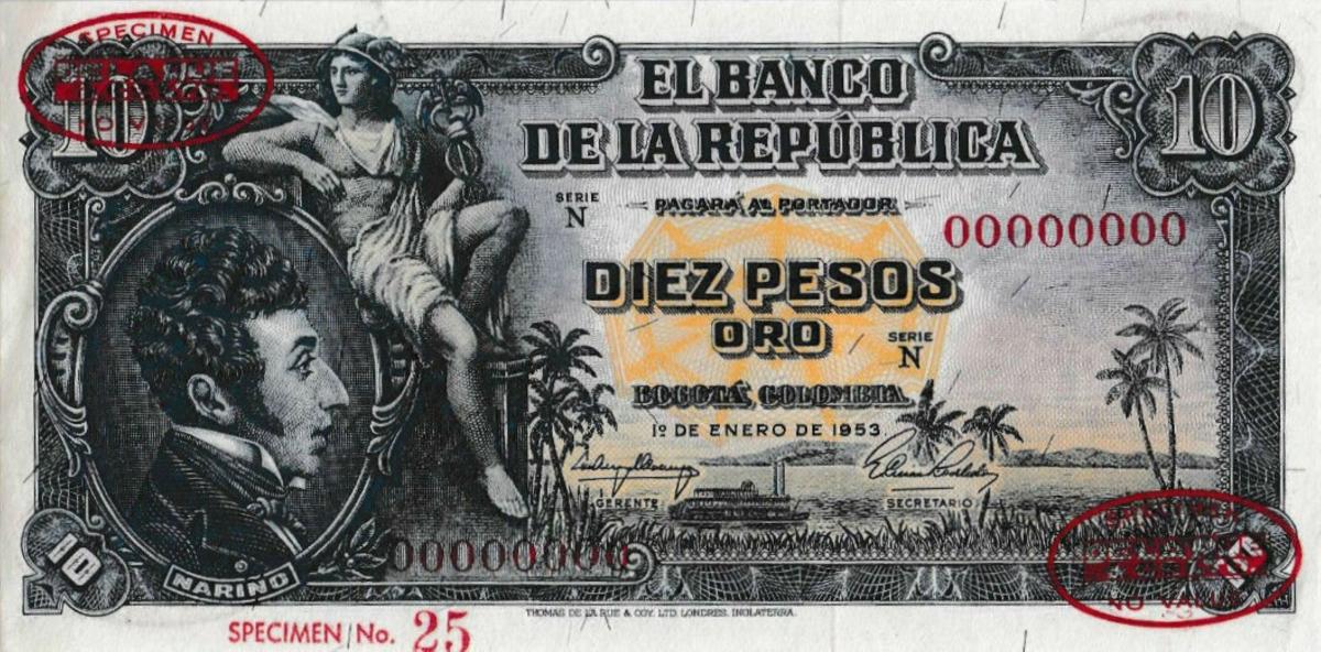 Front of Colombia p400s1: 10 Pesos Oro from 1953