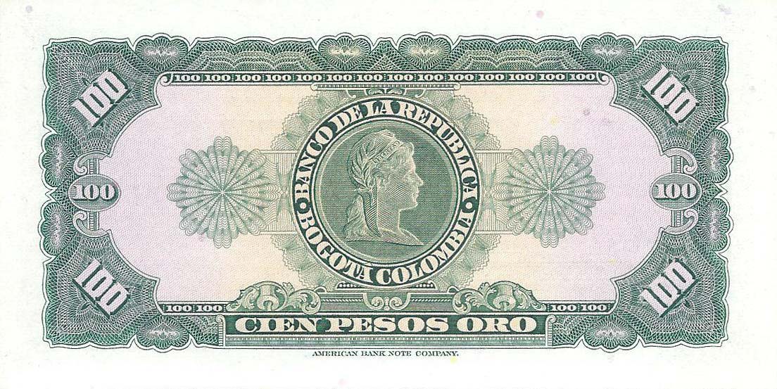 Back of Colombia p403b: 100 Pesos Oro from 1960