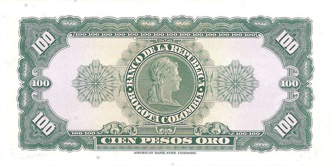 Back of Colombia p403p1: 100 Pesos Oro from 1958