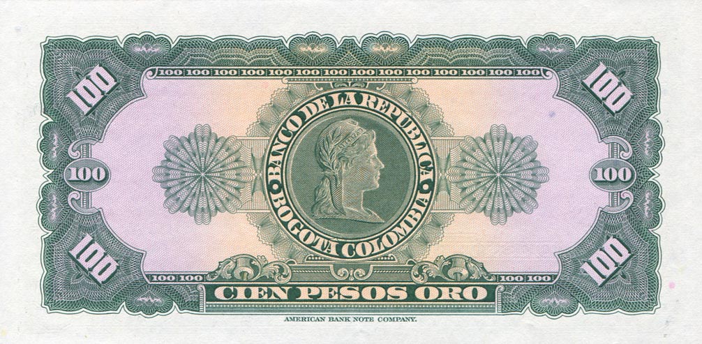 Back of Colombia p403s: 100 Pesos Oro from 1958