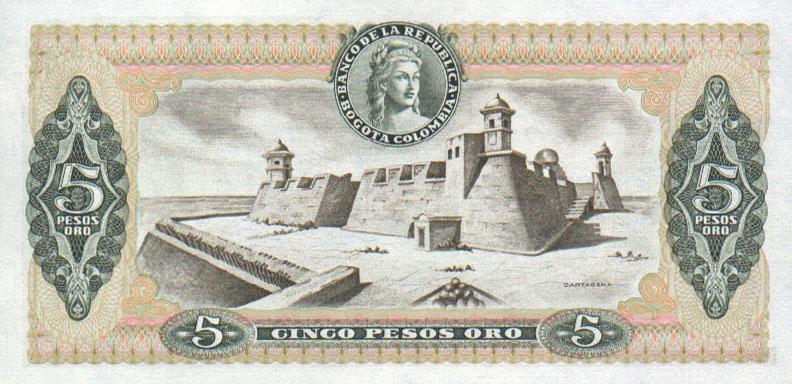 Back of Colombia p406f: 5 Pesos Oro from 1978