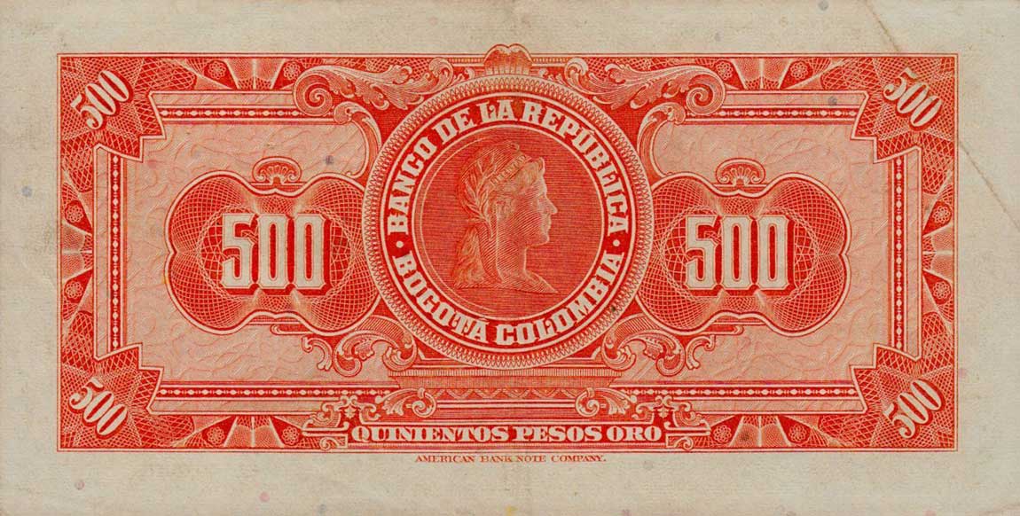 Back of Colombia p408b: 500 Pesos Oro from 1964