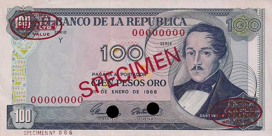 Front of Colombia p410s: 100 Pesos Oro from 1968