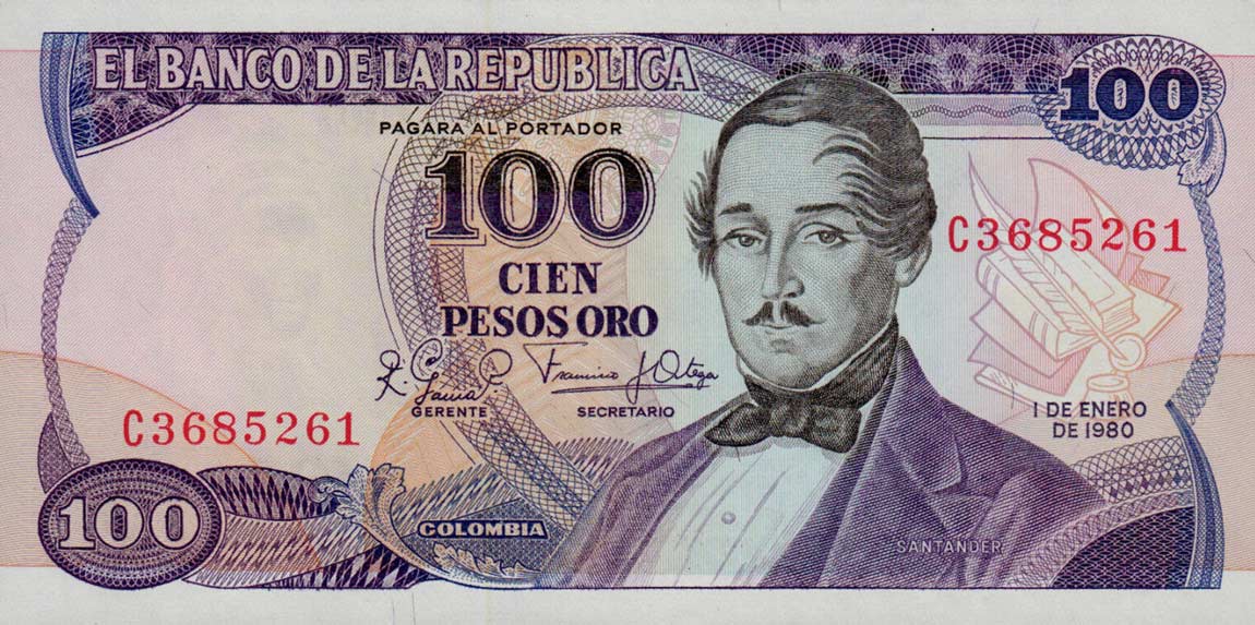 Front of Colombia p418c: 100 Pesos Oro from 1980