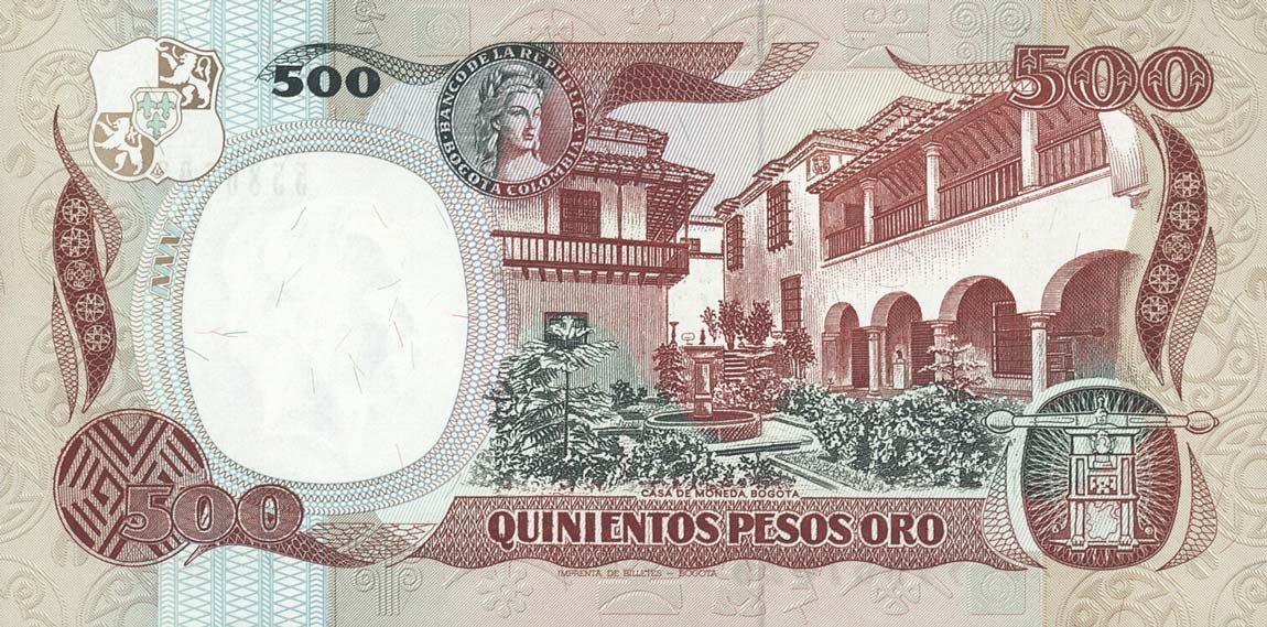 Back of Colombia p431a: 500 Pesos Oro from 1986