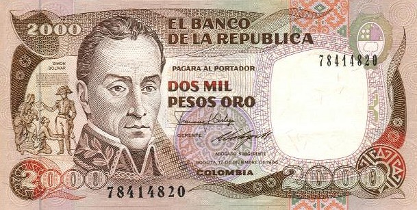 Front of Colombia p433a: 2000 Pesos Oro from 1986