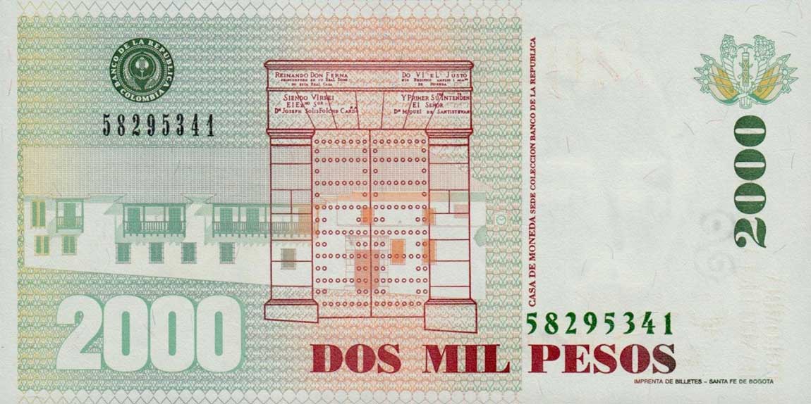 Back of Colombia p445e: 2000 Pesos from 1999