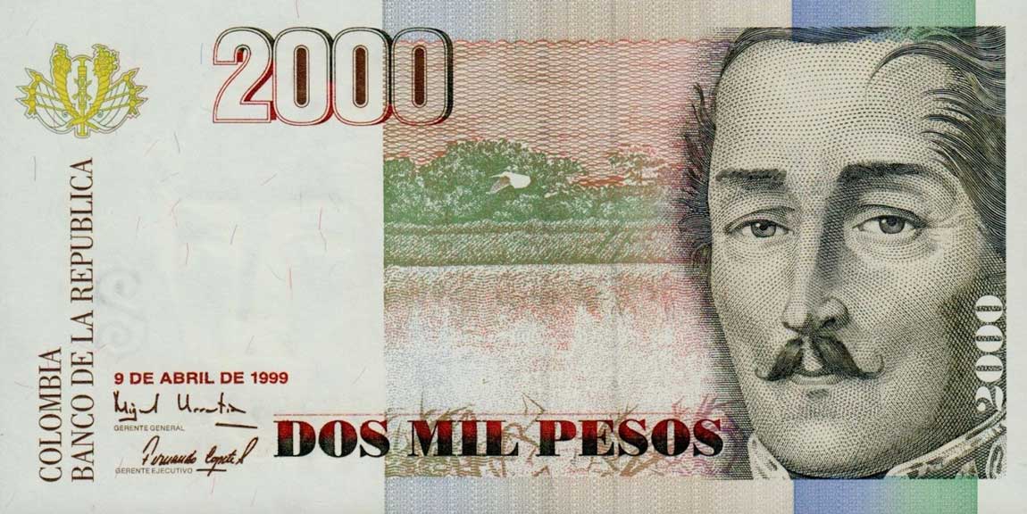 Front of Colombia p445e: 2000 Pesos from 1999