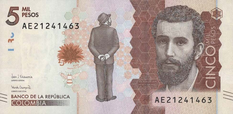 Front of Colombia p459c: 5000 Pesos from 2017