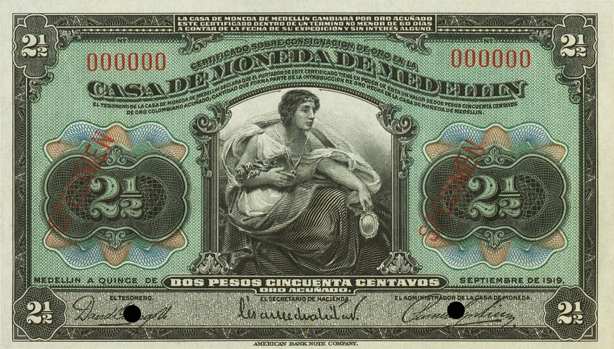 Front of Colombia pS1026s: 2.5 Pesos from 1919