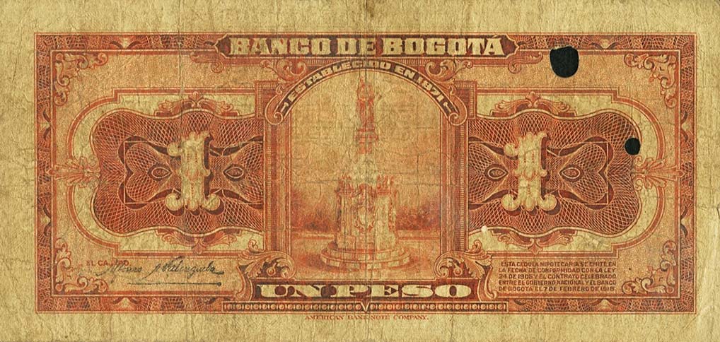 Back of Colombia pS297a: 1 Peso from 1919