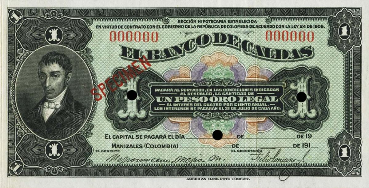 Front of Colombia pS326s: 1 Peso from 1919