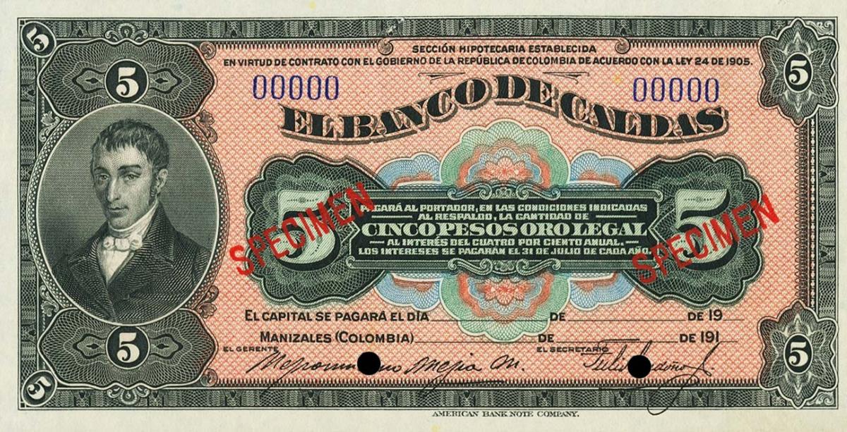 Front of Colombia pS328s: 5 Pesos from 1919