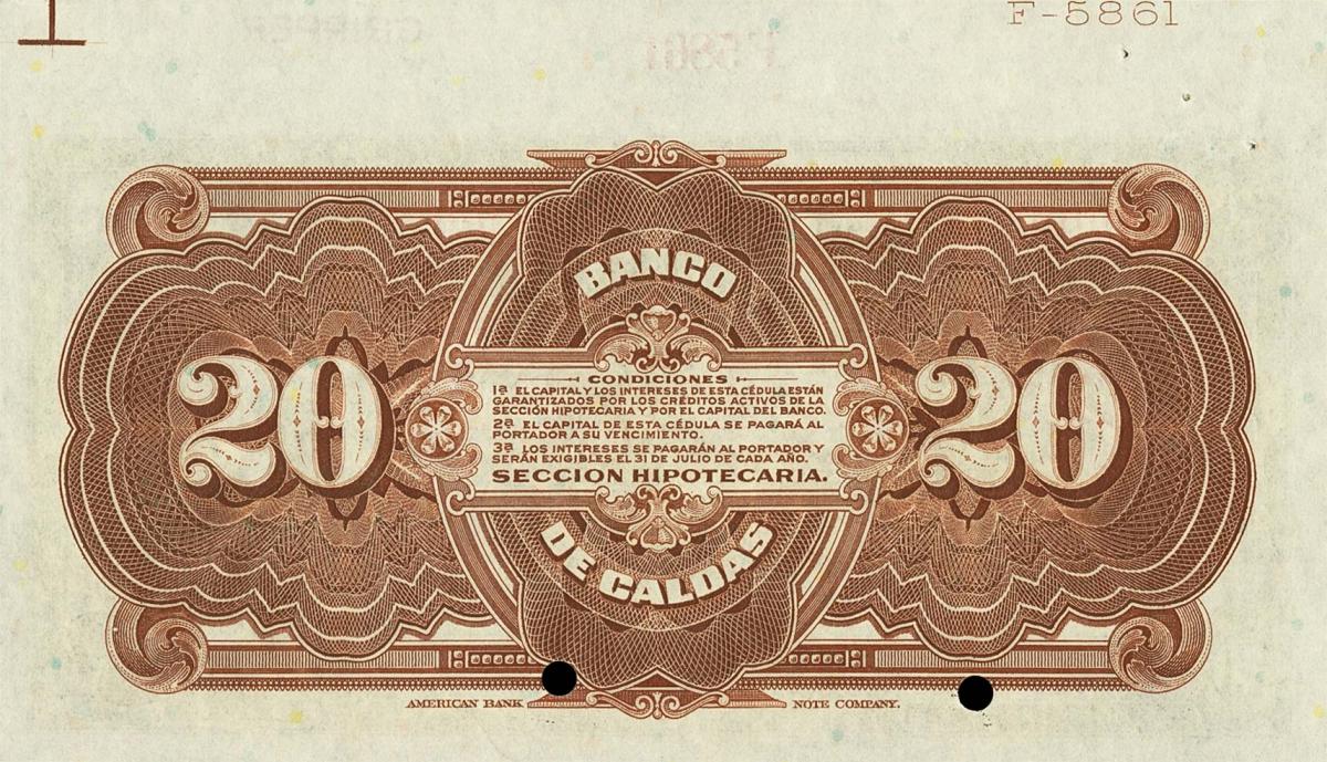 Back of Colombia pS330s: 20 Pesos from 1919