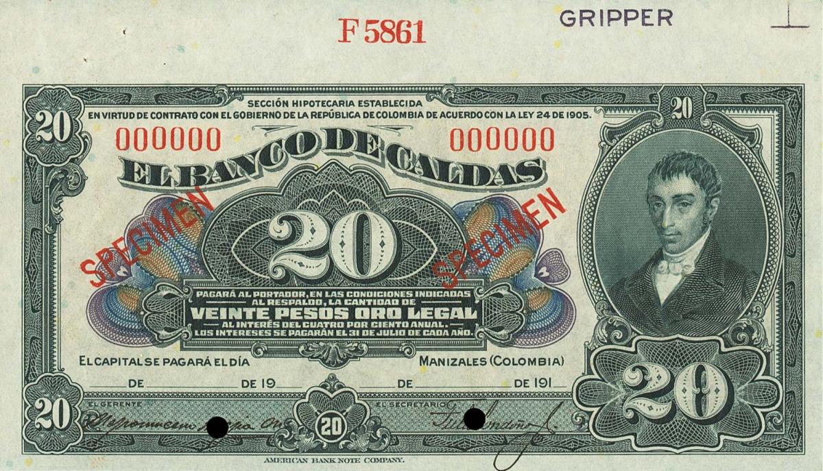 Front of Colombia pS330s: 20 Pesos from 1919