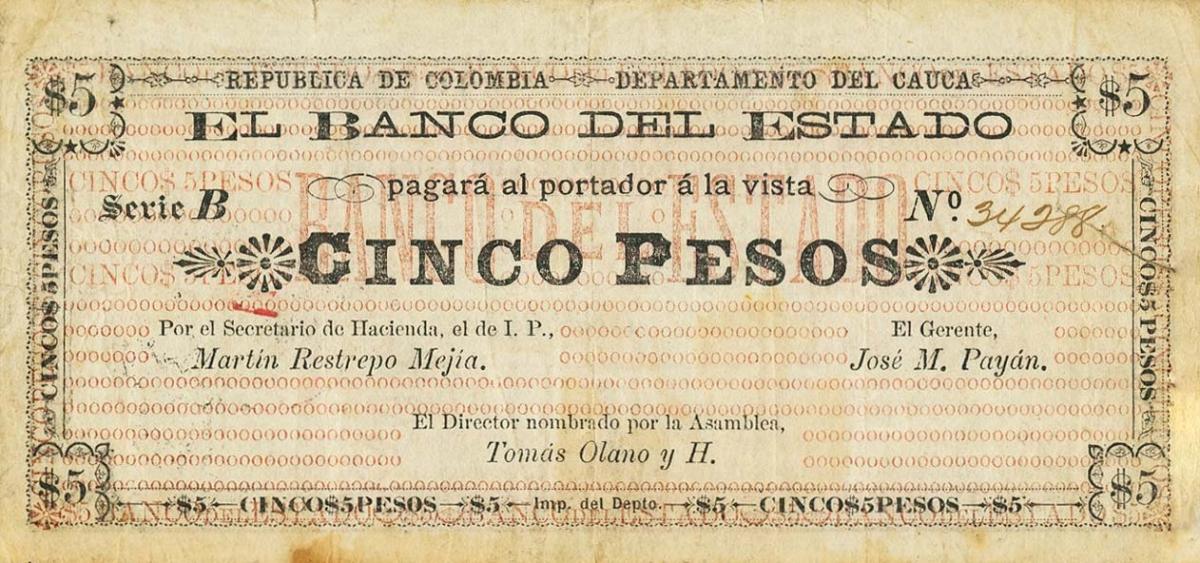 Front of Colombia pS482: 5 Pesos from 1900