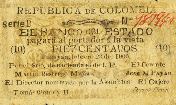 Front of Colombia pS491: 10 Centavos from 1900