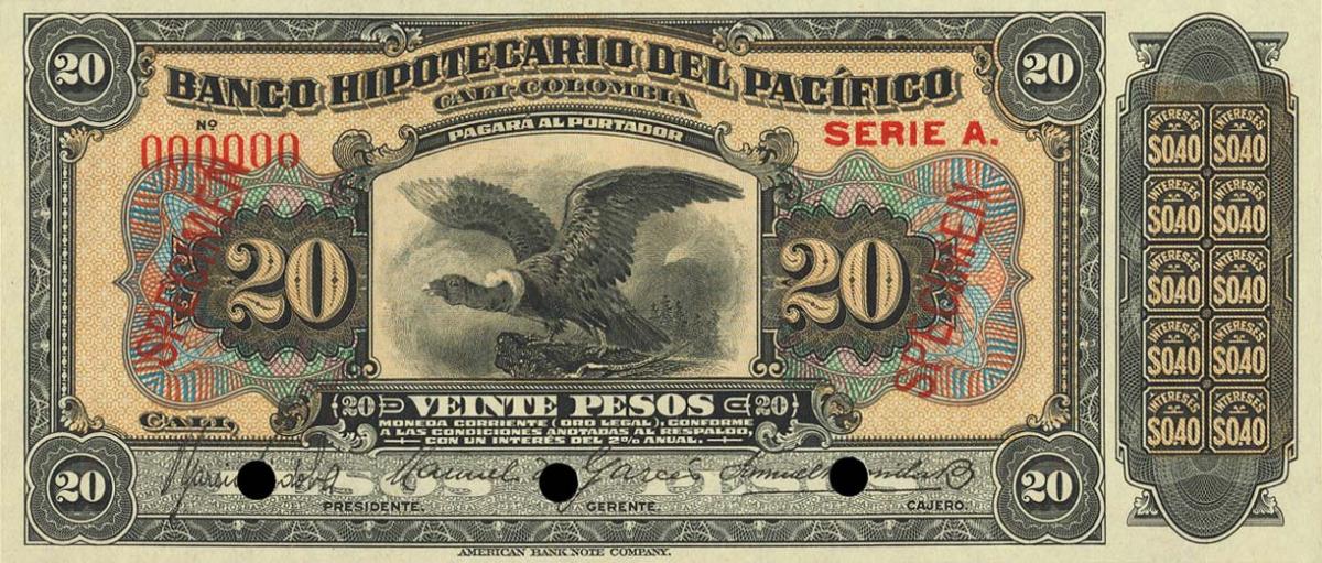 Front of Colombia pS525s: 20 Pesos from 1922