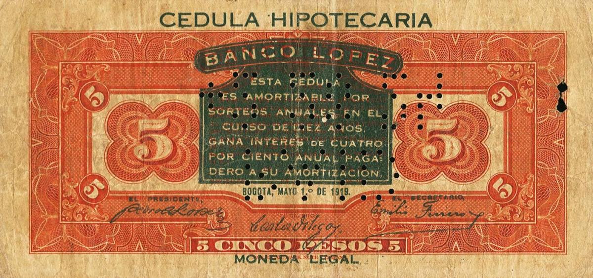 Back of Colombia pS575b: 5 Pesos from 1919