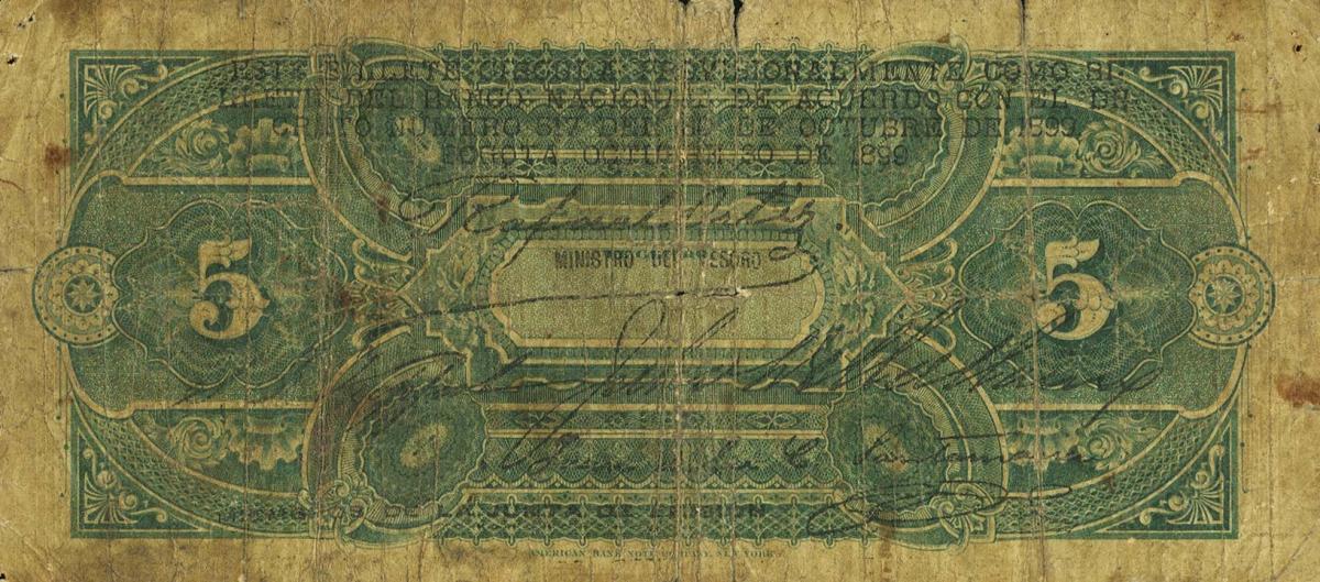 Back of Colombia pS666: 5 Pesos from 1899