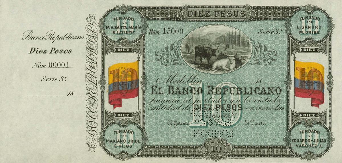 Front of Colombia pS813s: 10 Pesos from 1899