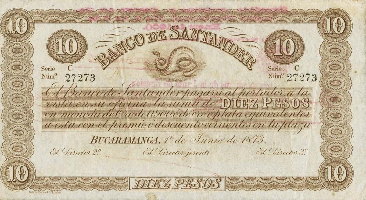 Front of Colombia pS833b: 10 Pesos from 1873