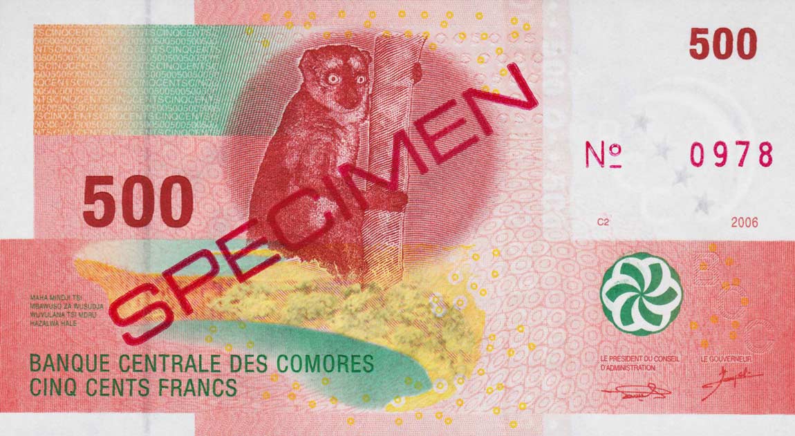 Front of Comoros p15s: 500 Francs from 2006