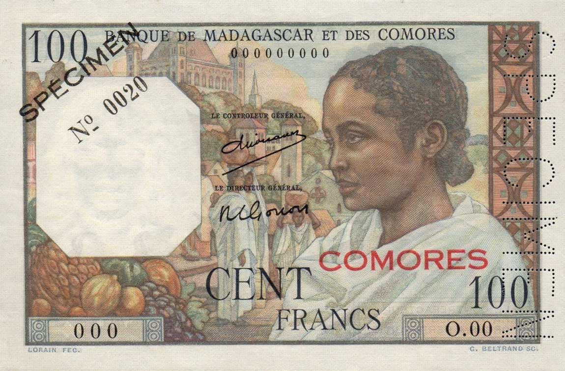 Front of Comoros p3s: 100 Francs from 1960
