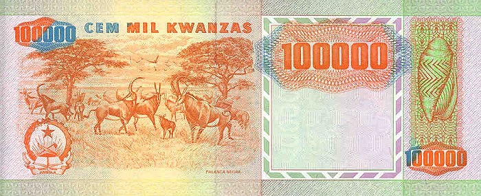 Back of Angola p133x: 100000 Kwanzas from 1991