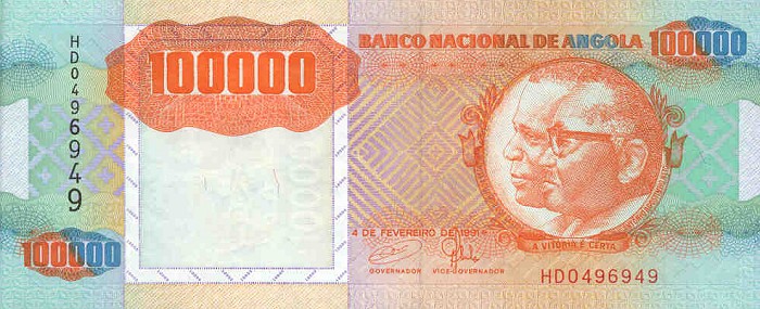 Front of Angola p133x: 100000 Kwanzas from 1991