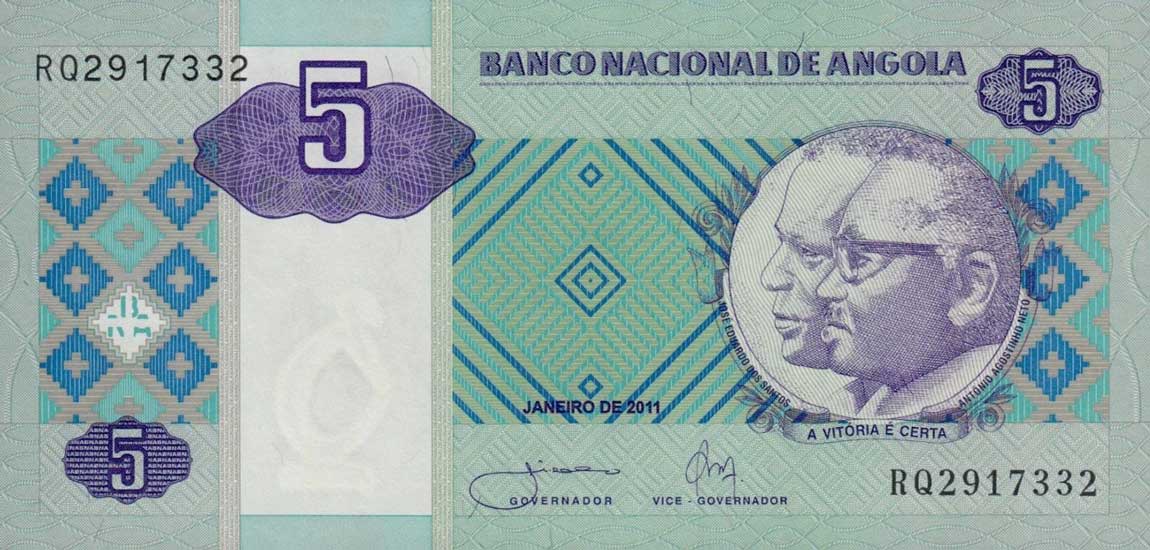 Front of Angola p144c: 5 Kwanzas from 2011