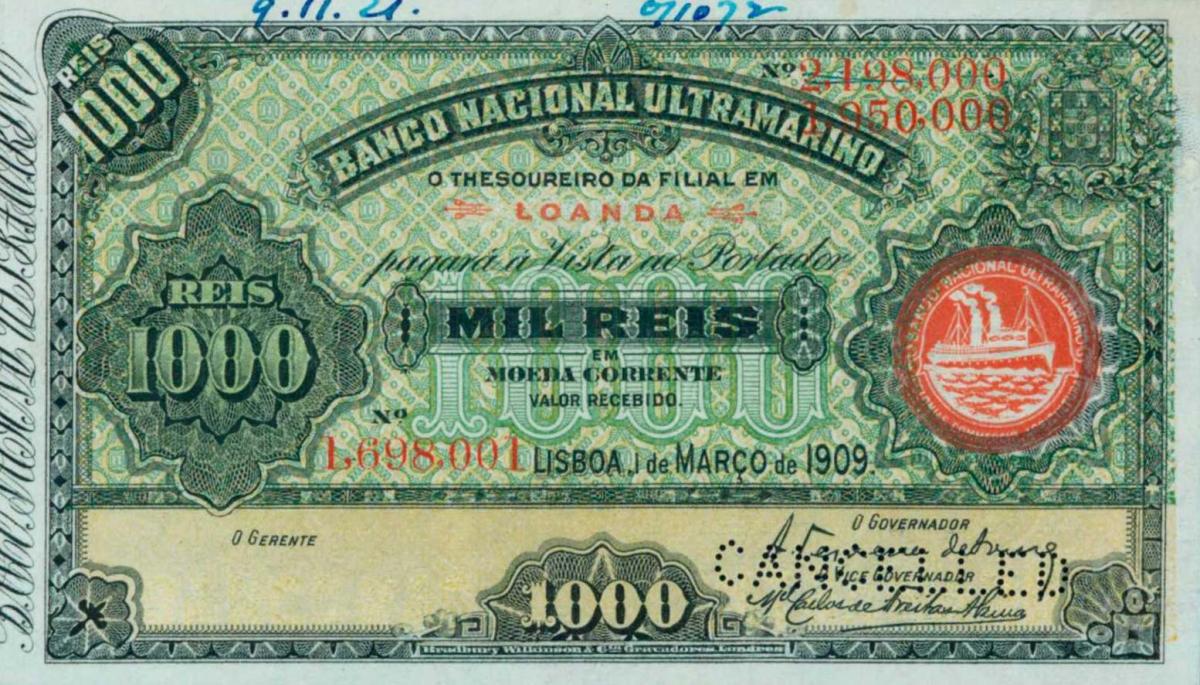 Front of Angola p28s: 1000 Reis from 1909