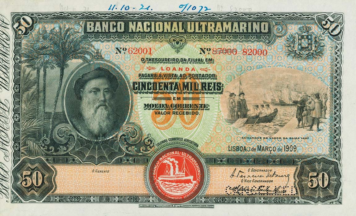Front of Angola p38s: 50 Reis from 1909
