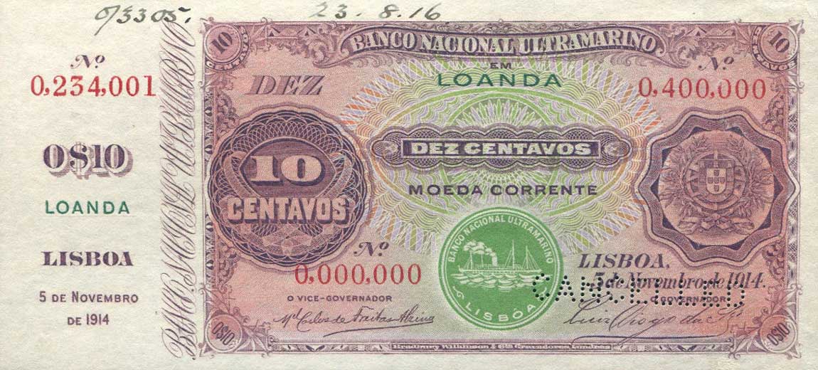 Front of Angola p39s: 10 Centavos from 1914