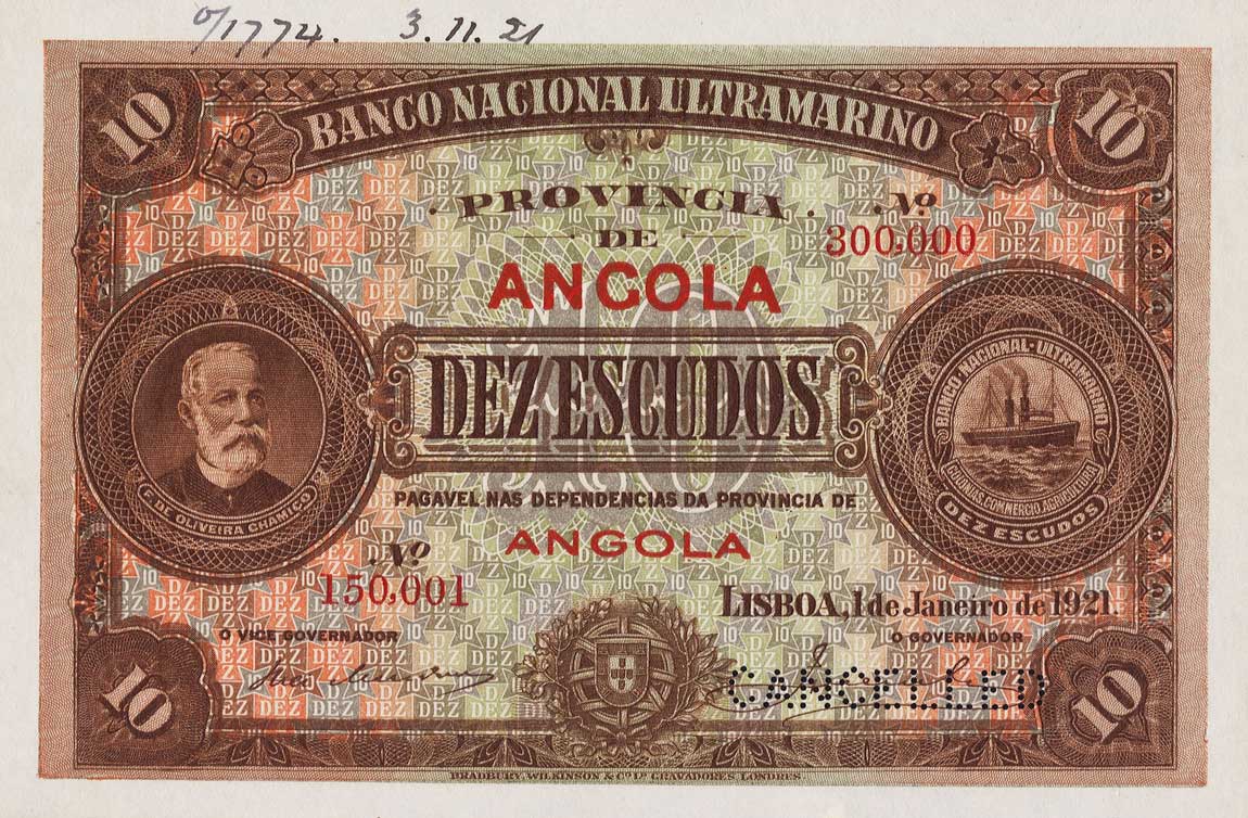 Front of Angola p58s: 10 Escudos from 1921