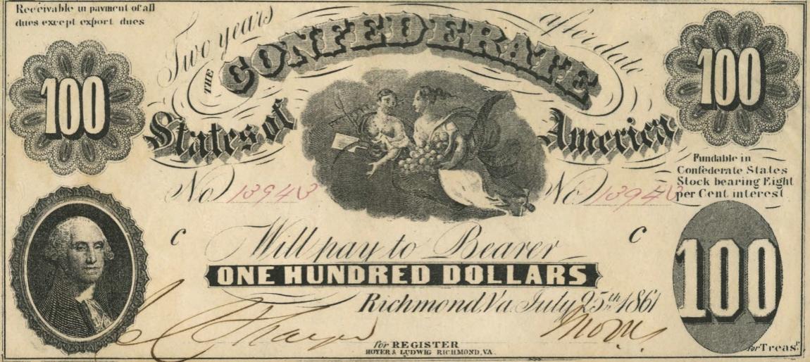 Front of Confederate States of America p12: 100 Dollars from 1861