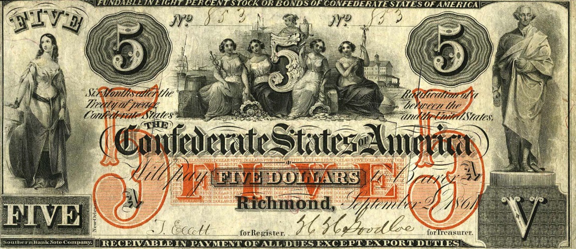 Front of Confederate States of America p14: 5 Dollars from 1861