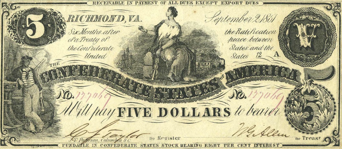 Front of Confederate States of America p19b: 5 Dollars from 1861