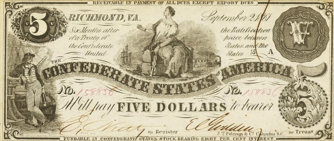 Front of Confederate States of America p19c: 5 Dollars from 1861