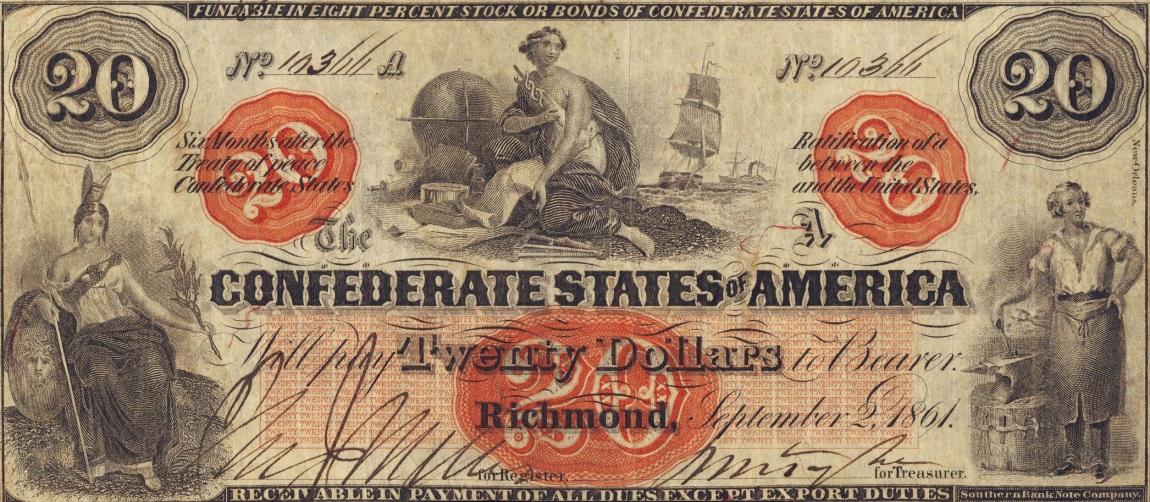 Front of Confederate States of America p32: 20 Dollars from 1861