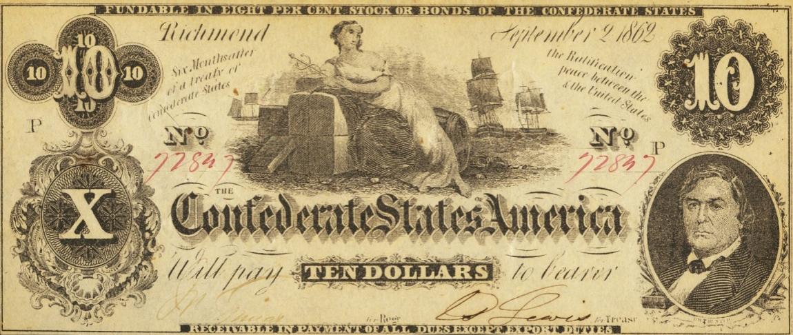 Front of Confederate States of America p46a: 10 Dollars from 1862