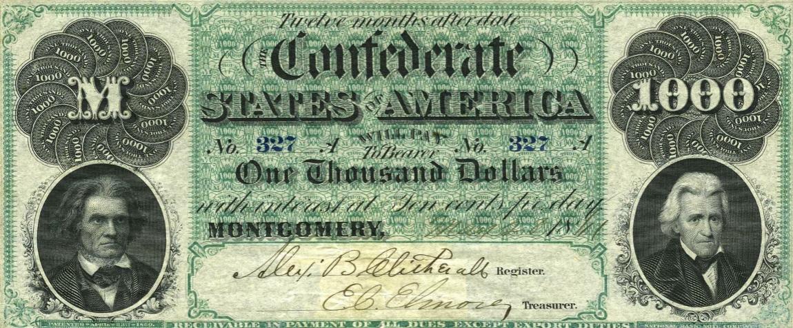 Front of Confederate States of America p4: 1000 Dollars from 1861